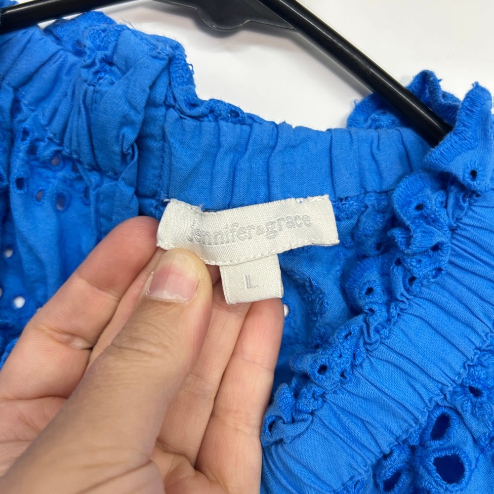 Cottagecore Eyelet Ruffle Sleeve Top Large Blue Boho Romantic Summer Blouse - Picture 2 of 8